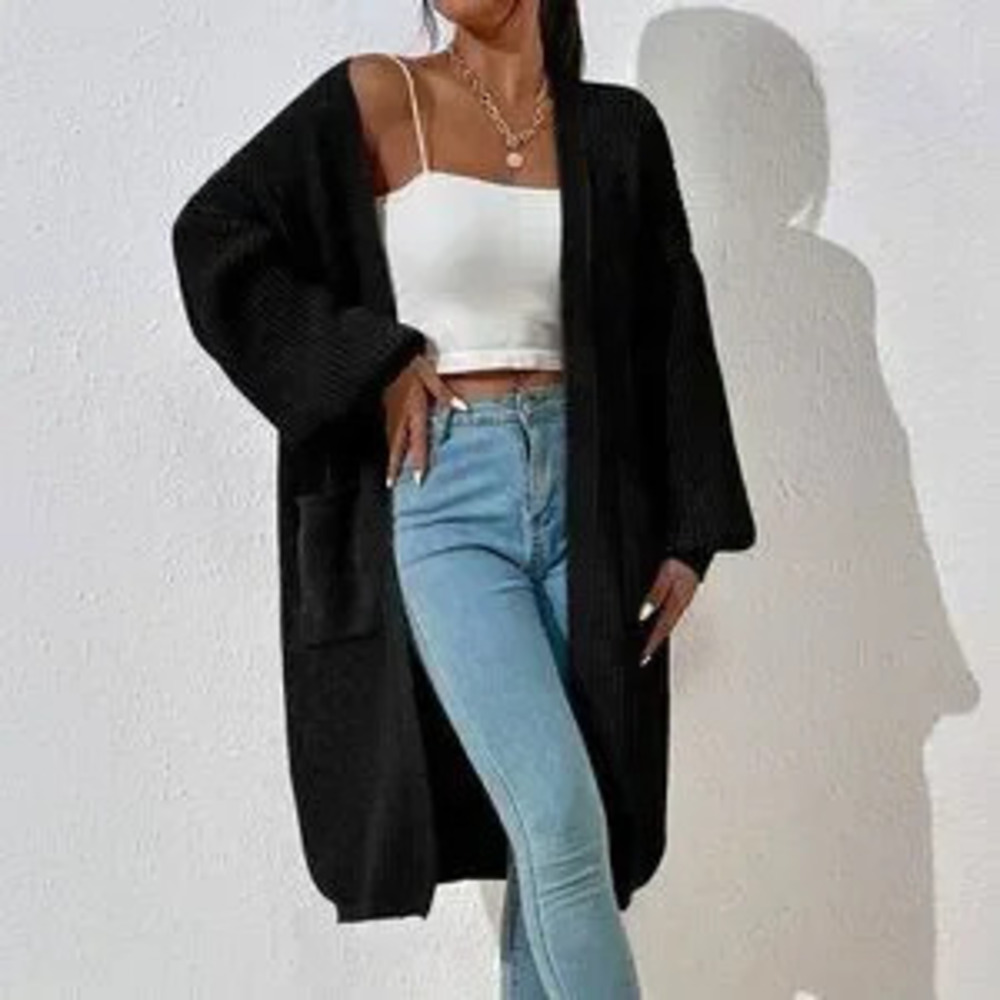 ZARA Black Casual Women's Dual Pocket Drop Shoulder Cardigan